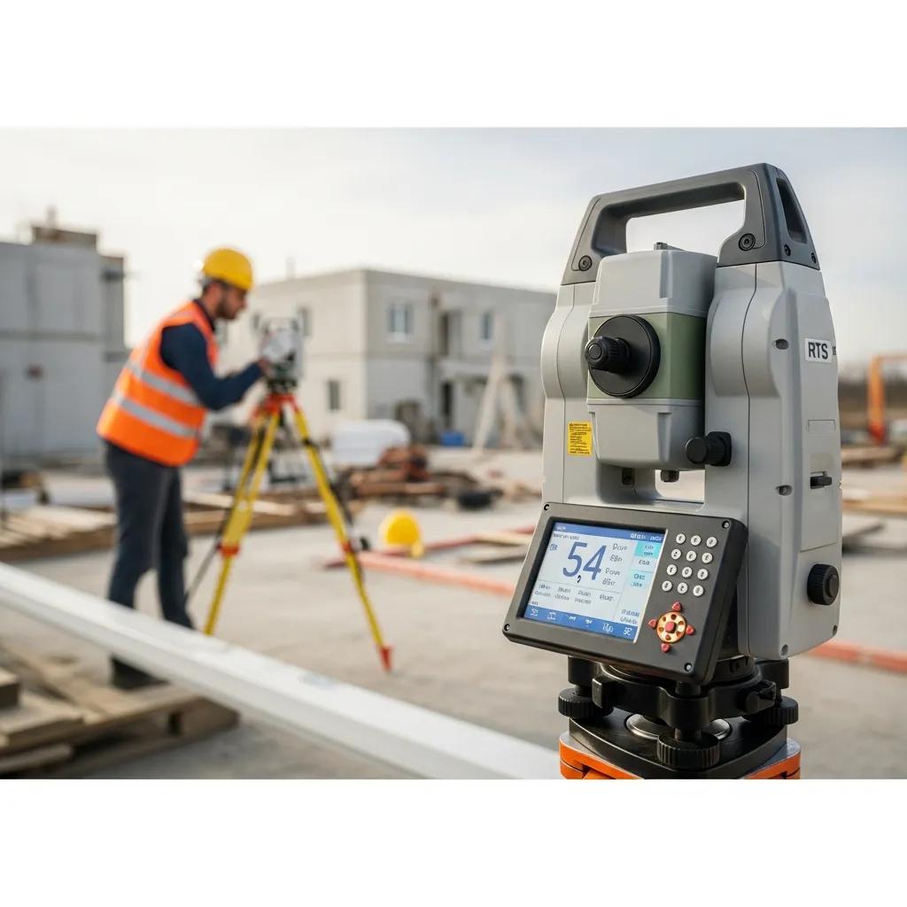 Close-up of a Robotic Total Station interface being used by a field technician, highlighting modern surveying workflows