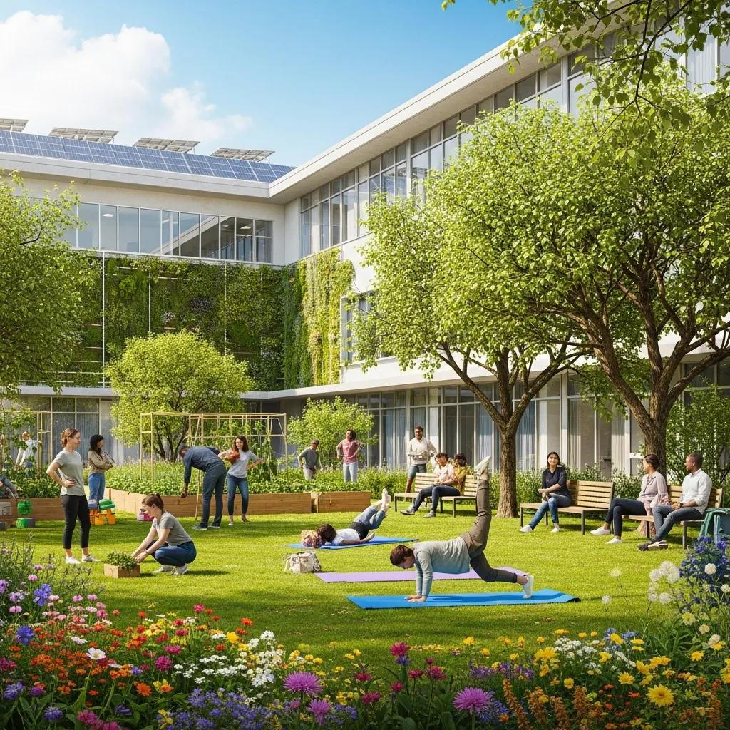 Community enjoying green space in front of a LEED certified building, showcasing environmental and social benefits