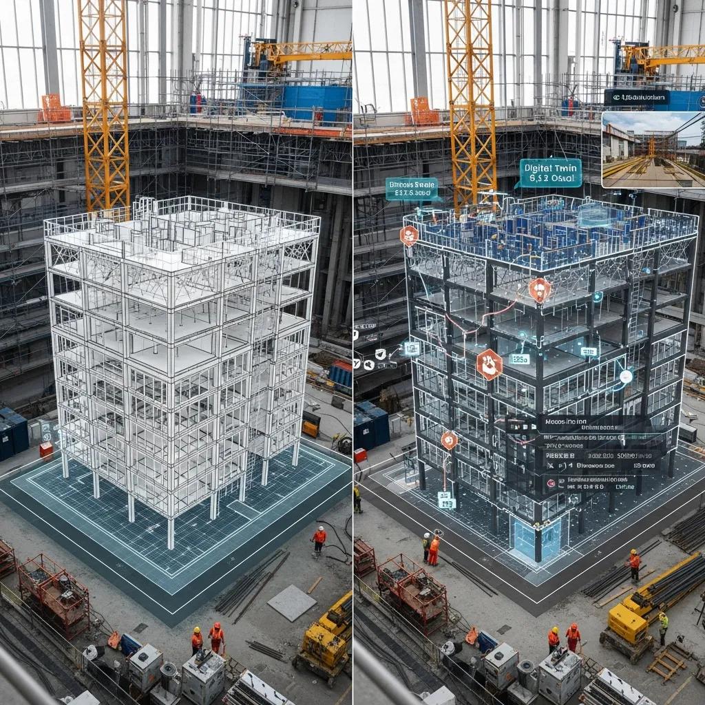 Side‑by‑side view of BIM model and digital twin showing real‑time data overlays