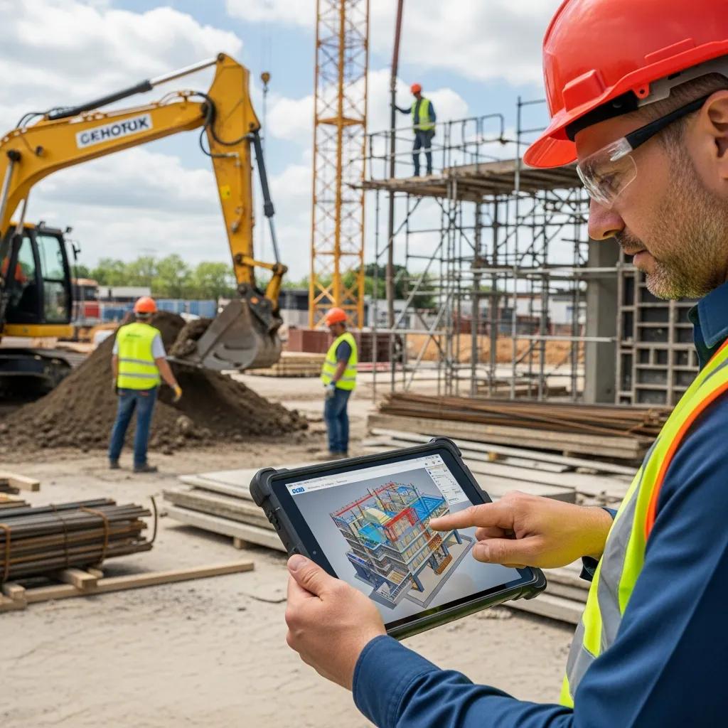 Construction manager reviewing BIM models on a tablet at the jobsite