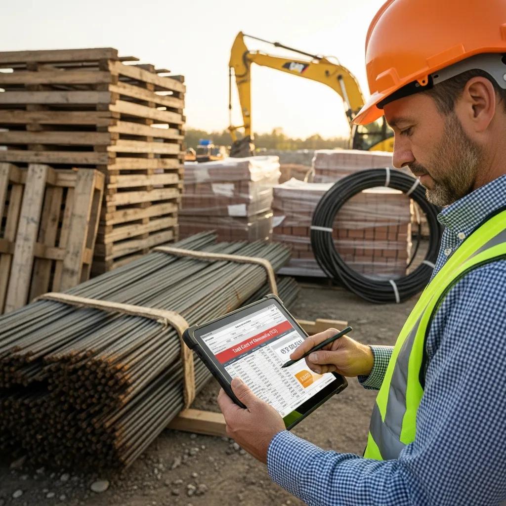 Construction manager reviewing Total Cost of Ownership data on a tablet