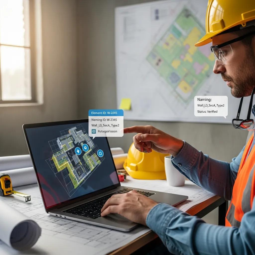 Project manager checking BIM data integrity and metadata during a model review in an office setting