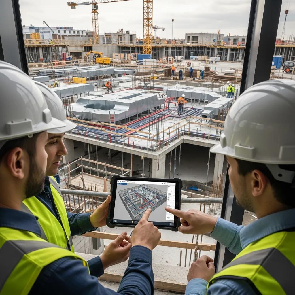 Construction professionals collaborating on MEP BIM modeling at a modern site