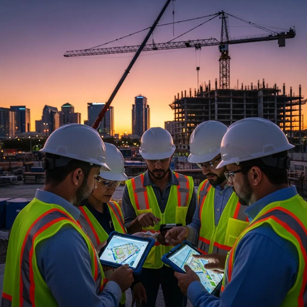 Construction professionals collaborating over a BIM model in Orlando, showcasing modern construction technology