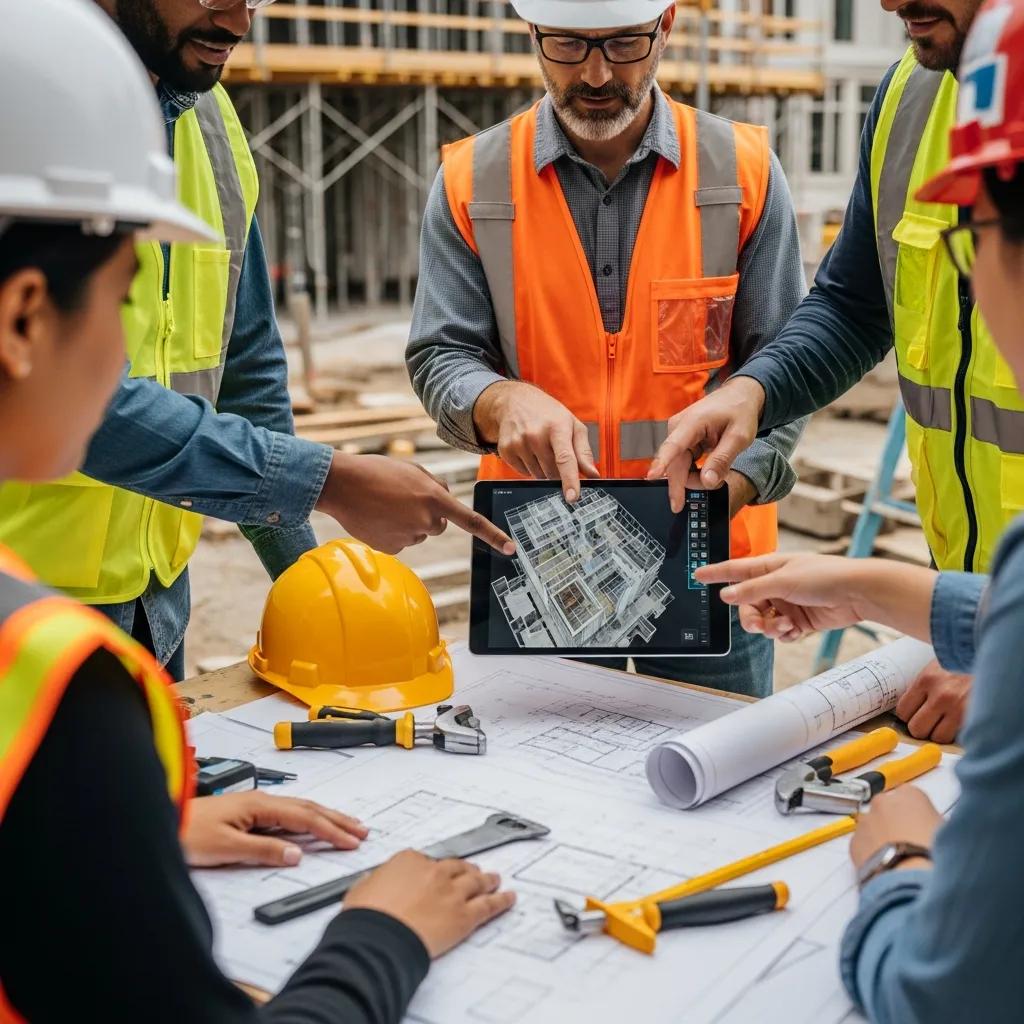 Construction professionals collaborating over a BIM model on a tablet at a Charleston construction site