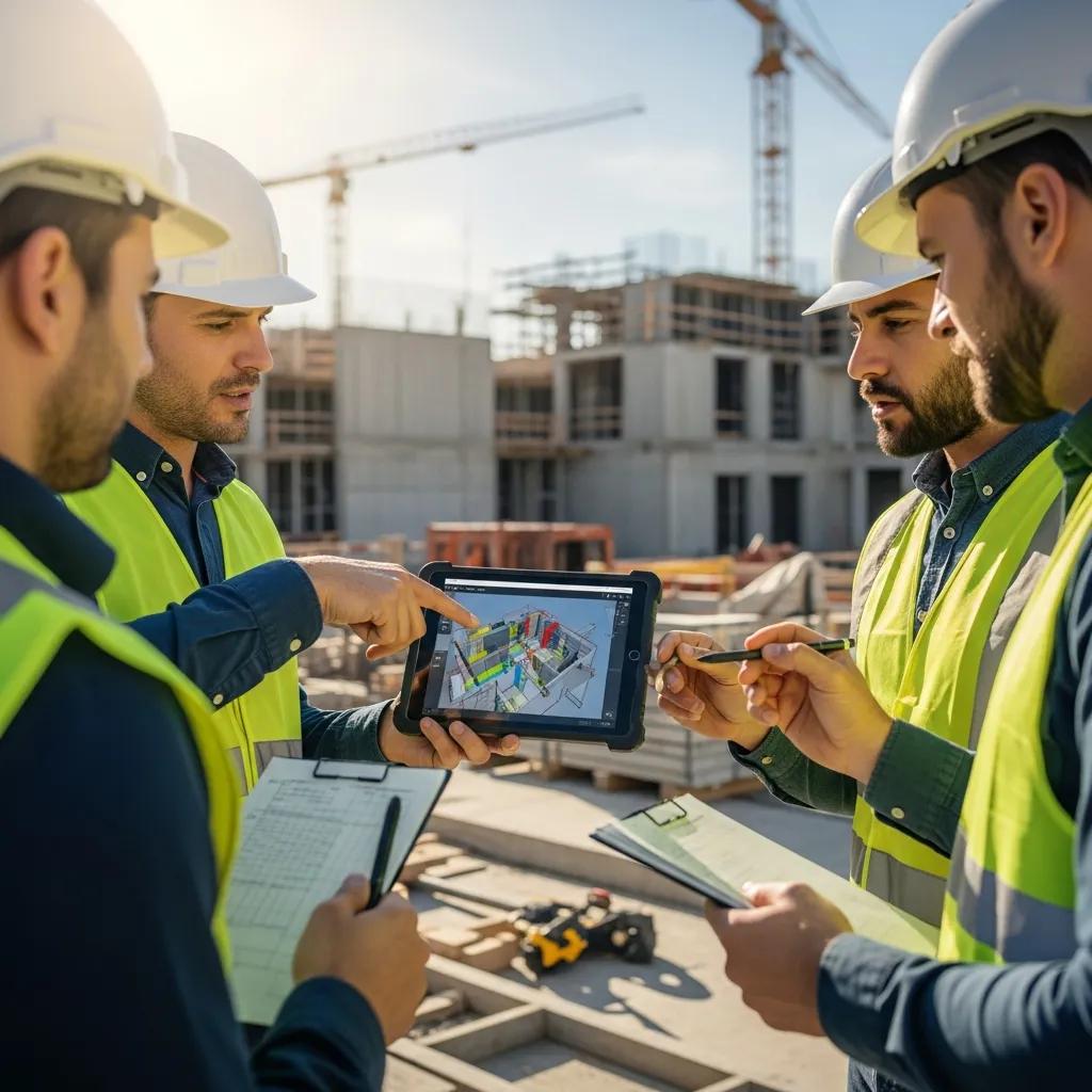 Construction professionals collaborating over a digital BIM model on a tablet at a modern construction site