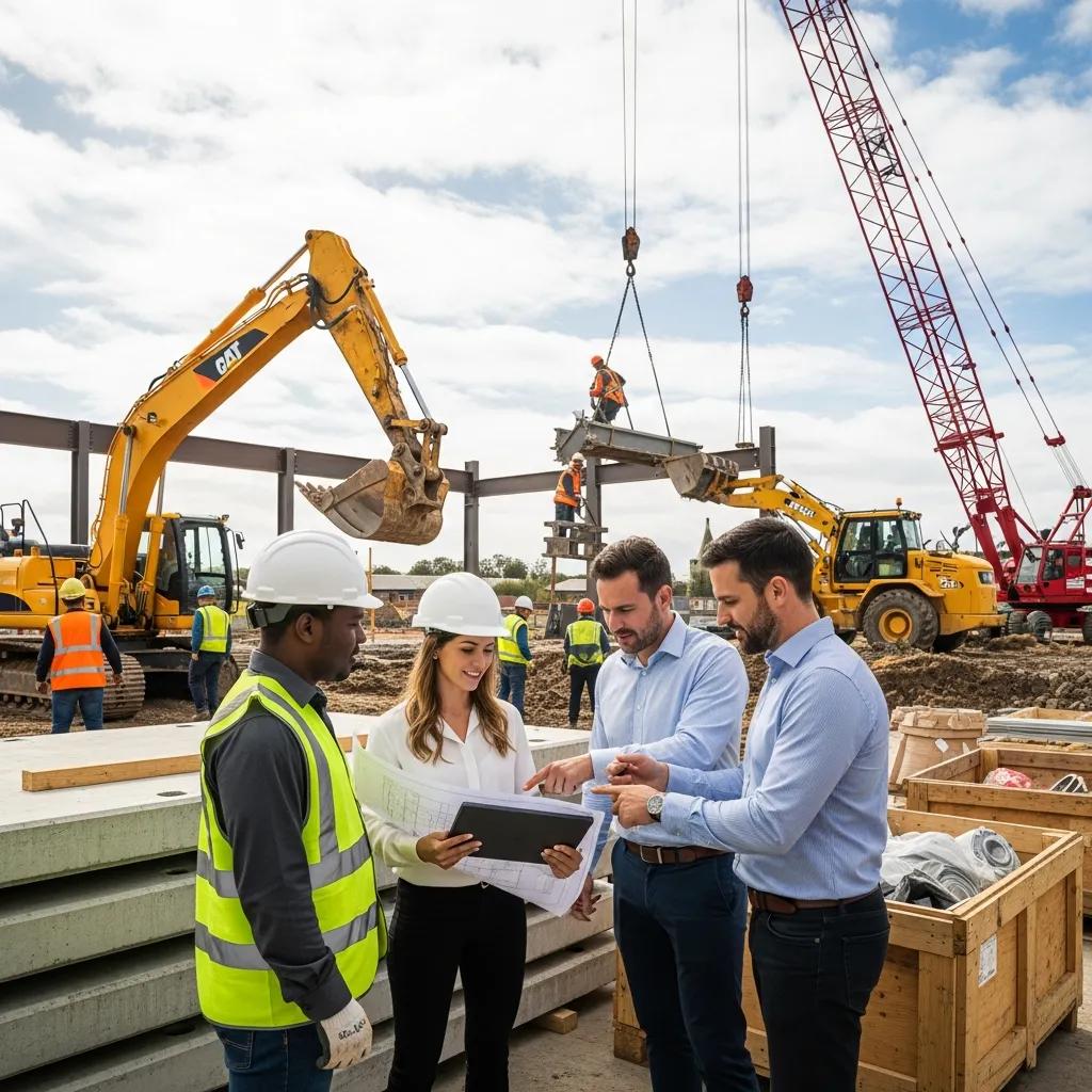 Construction professionals collaborating with suppliers over digital plans, highlighting strong supplier relationships