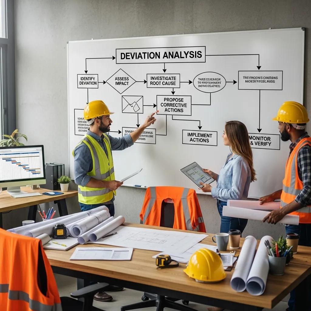 Project team reviewing a step-by-step deviation analysis workflow using point cloud data