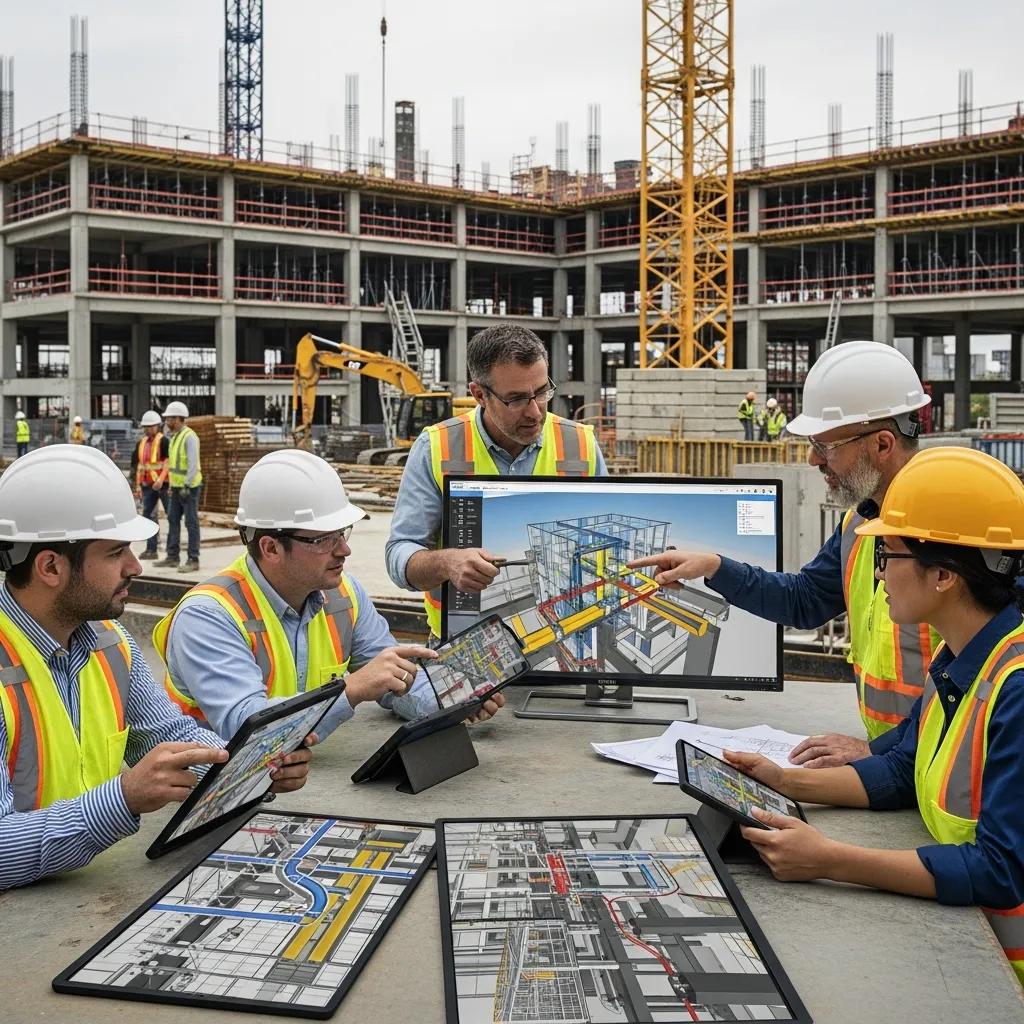 Construction professionals utilizing advanced clash detection technology on-site