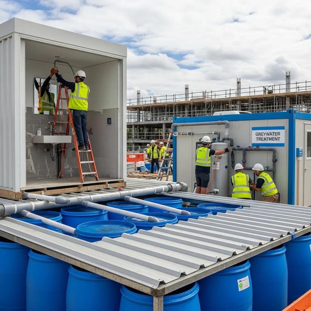 Construction site implementing water conservation techniques with rainwater harvesting and greywater recycling systems