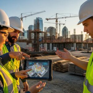 Construction site in Raleigh with contractors using BIM technology for efficient project management