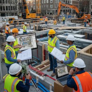 Construction site in Savannah, GA, featuring MEP BIM modeling collaboration among workers