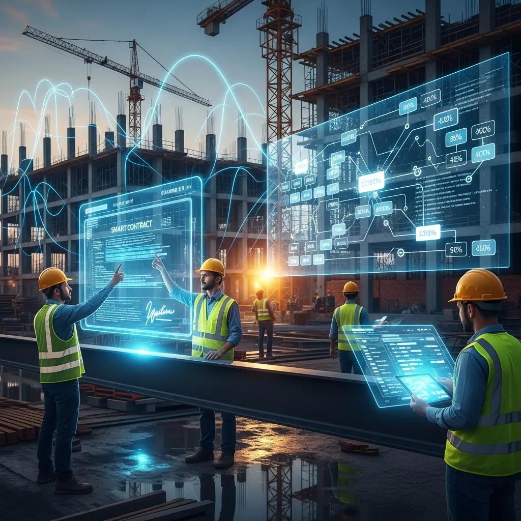 Construction site integrating blockchain technology with digital ledgers and smart contracts
