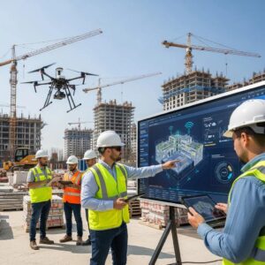 Construction site utilizing predictive analytics technology with workers and digital tools