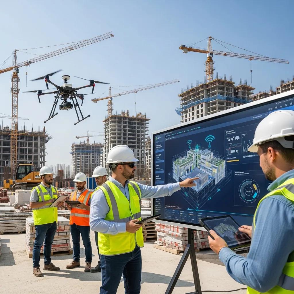 Construction site utilizing predictive analytics technology with workers and digital tools