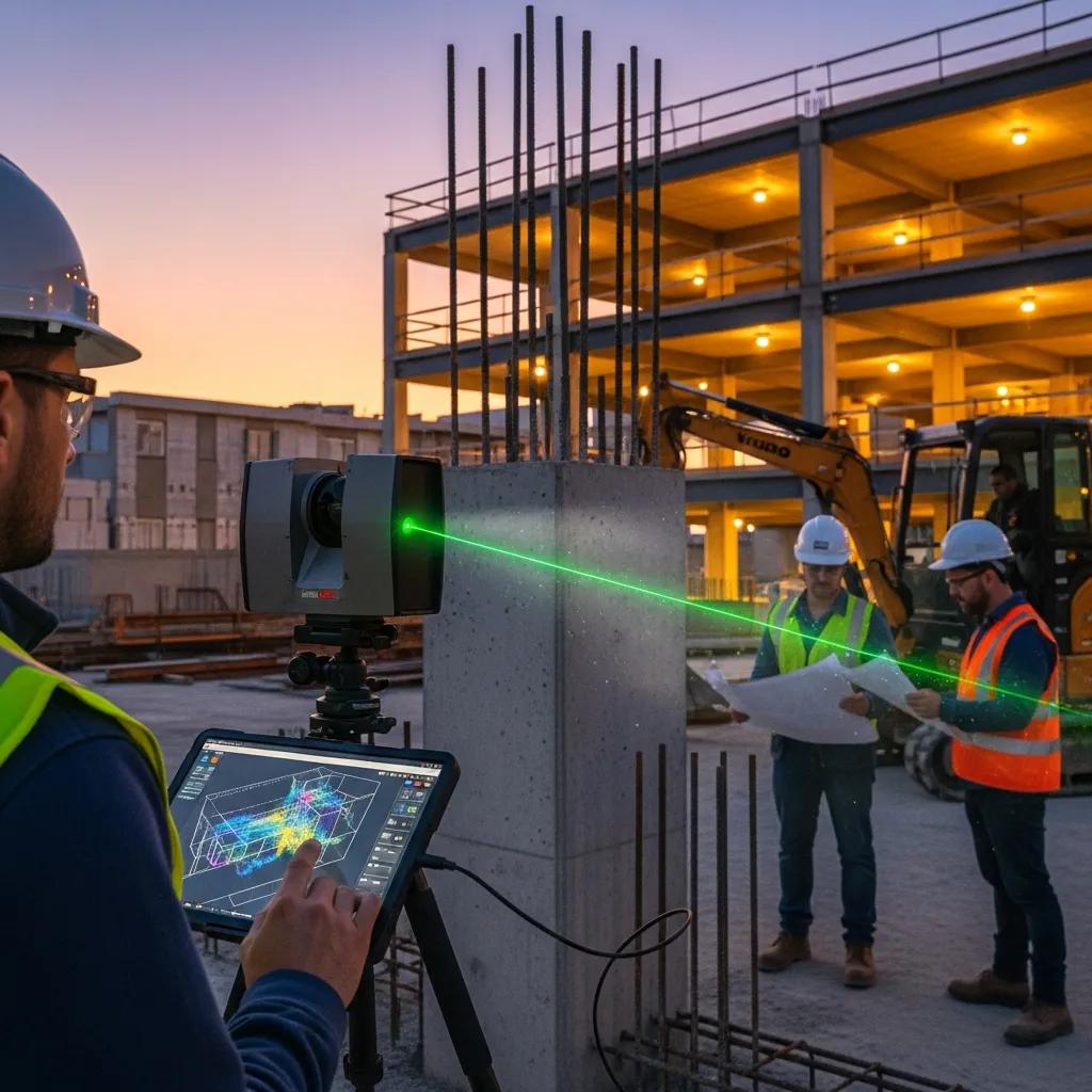 Construction site with 3D laser scanner capturing point clouds for as-built to design model comparison