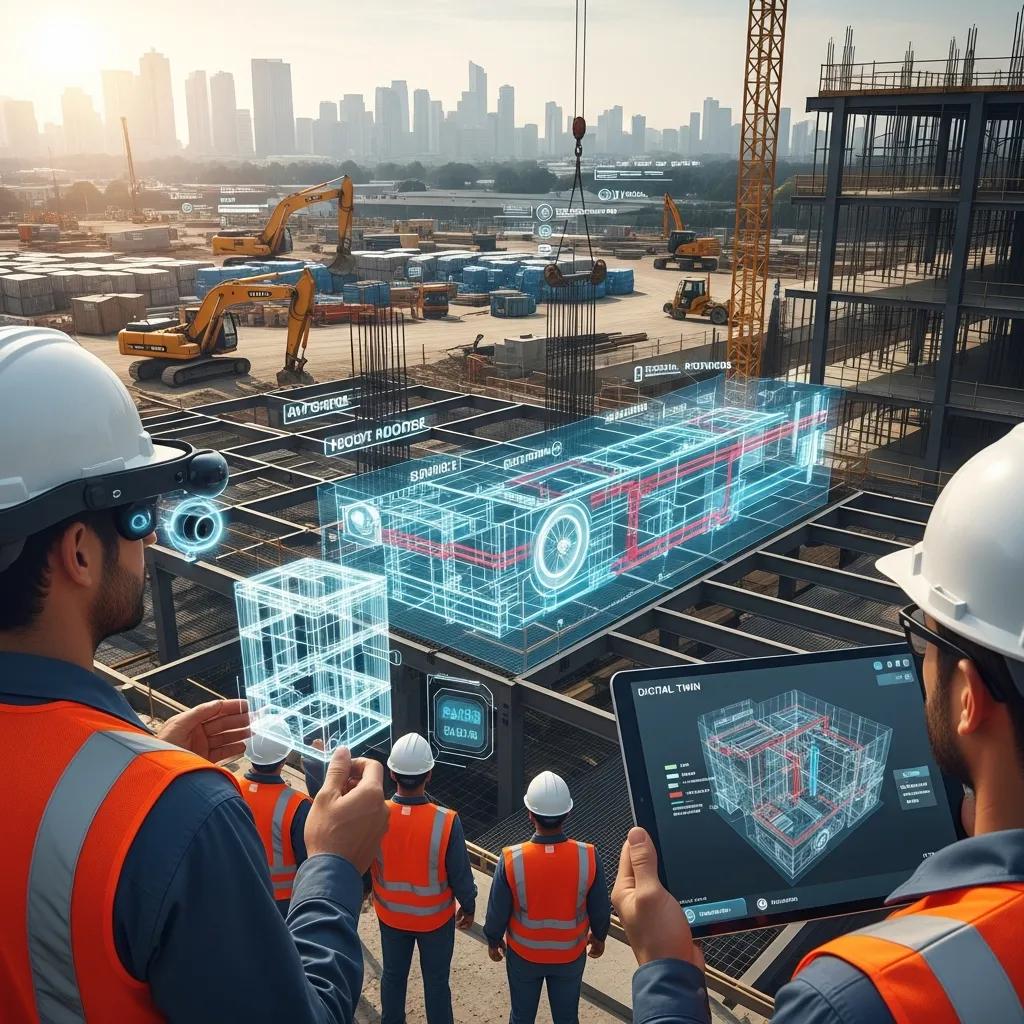 Construction site with workers using augmented reality to visualize a digital twin overlay, showcasing real-time data integration and project management insights.