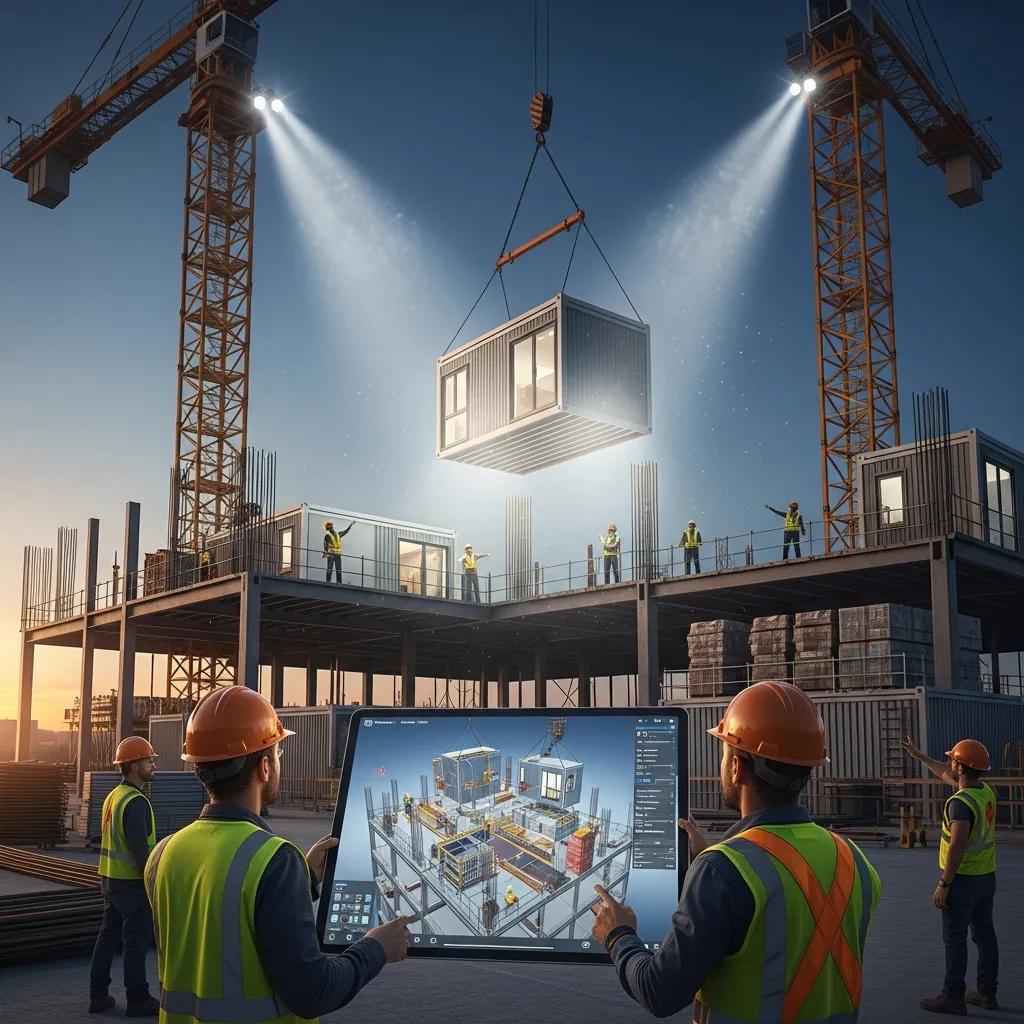 Prefabricated modules being set into place on a construction site illustrating VDC principles