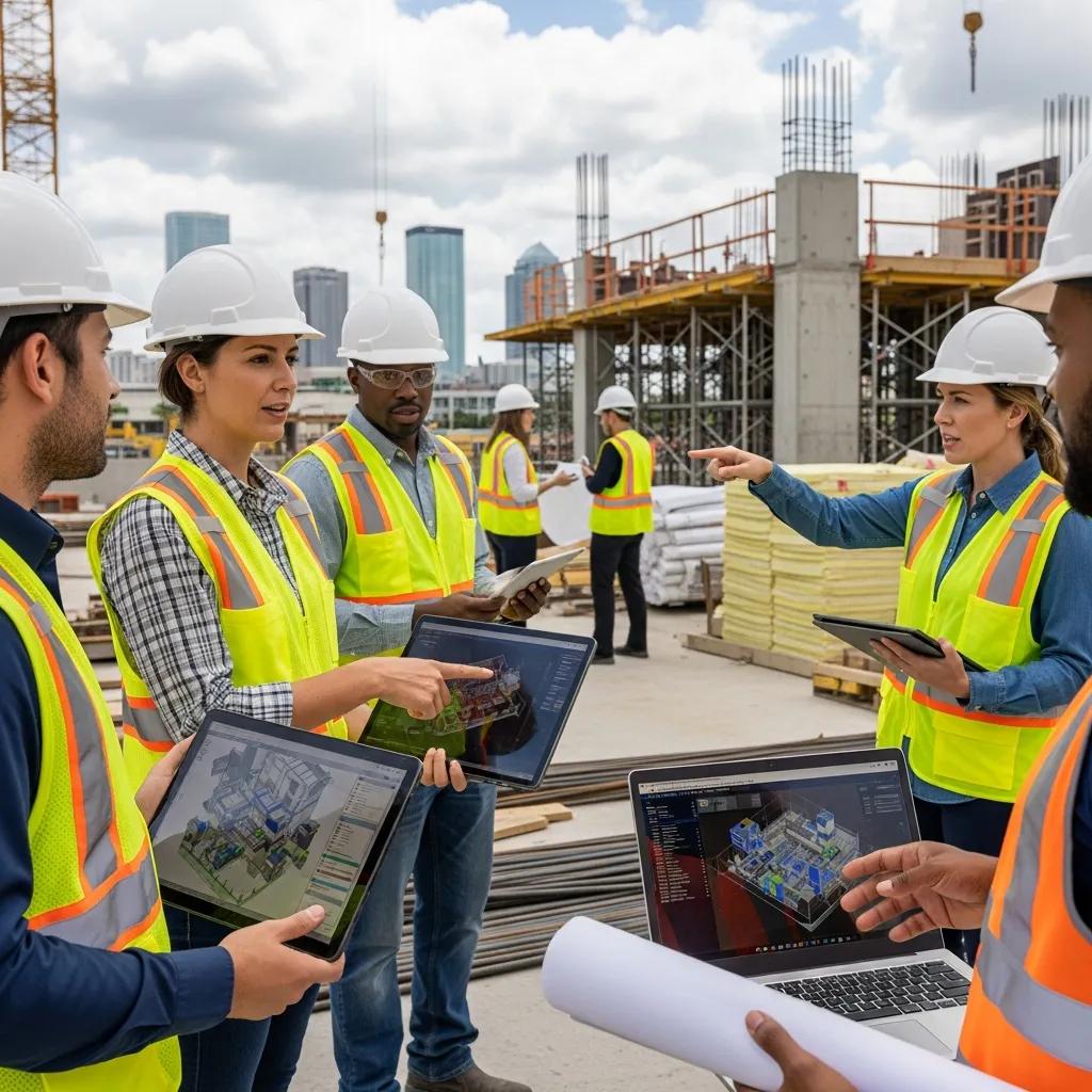 Construction team reviewing BIM models together on a tablet at a Tampa jobsite