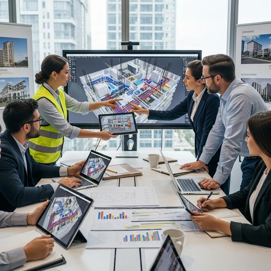 Project team reviewing VDC models and schedules to coordinate on-site sequencing