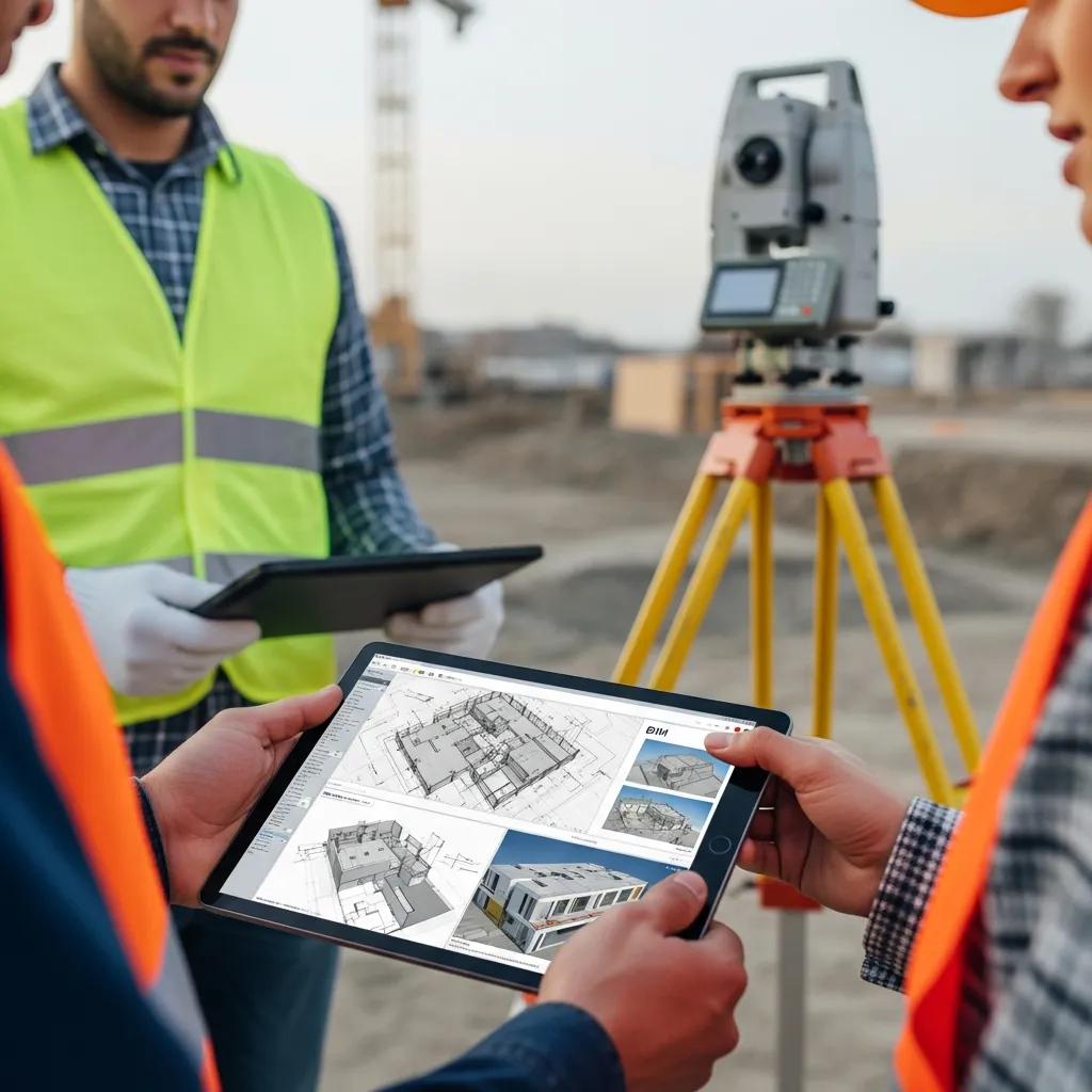 Construction team reviewing a digital model while a Robotic Total Station stands ready for field stakeout, showing BIM integration