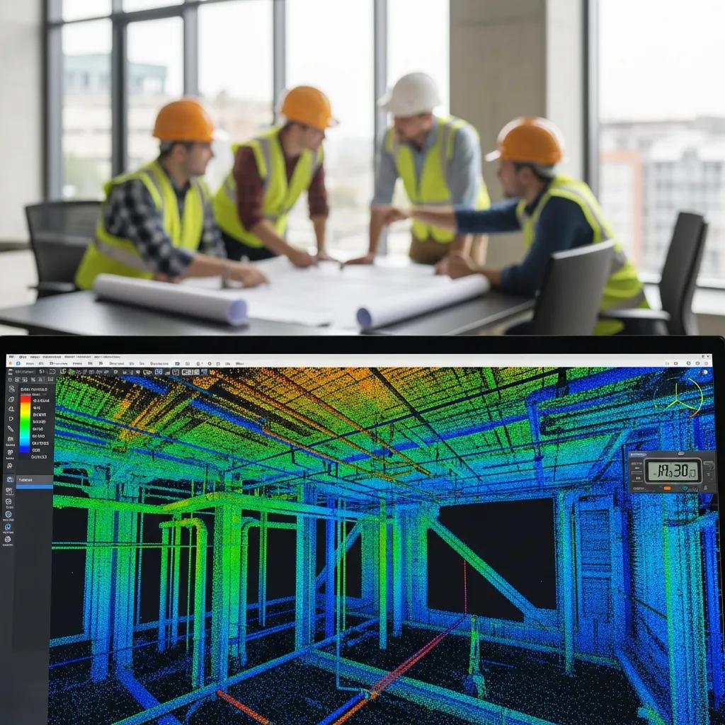 Construction team reviewing architectural plans with 3D laser scanning point cloud visualization on screen, highlighting renovation accuracy and data-driven decision-making in Jacksonville projects.