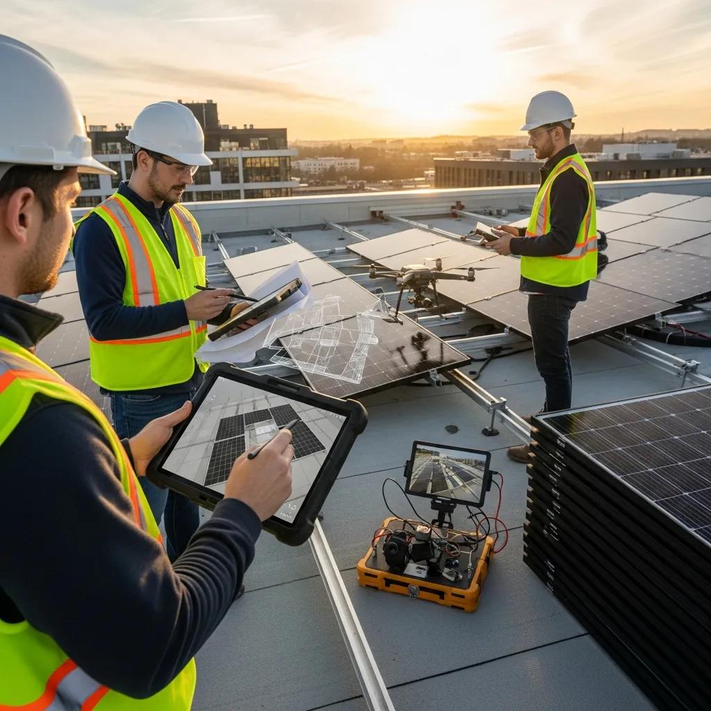 Construction team using digital tools to coordinate rooftop solar installation