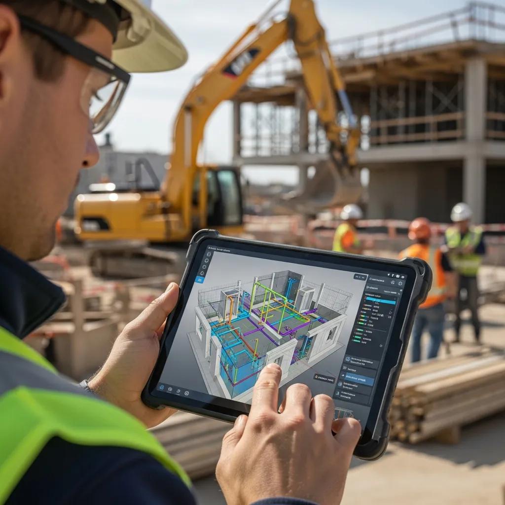 Worker reviewing a BIM model on a tablet while standing on a job site