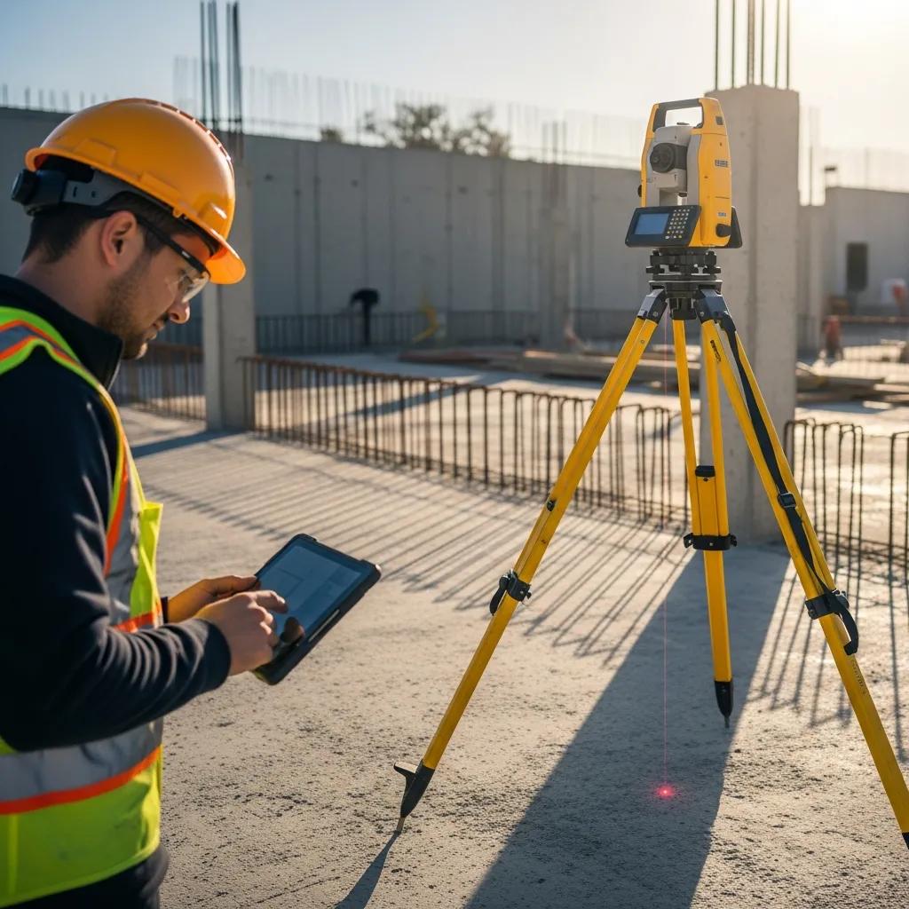 Technician operating a robotic total station to deliver accurate layout measurements on site