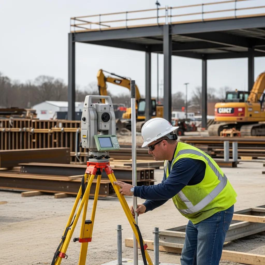 Construction worker using robotic total station for anchor bolt verification on a construction site in Greenville, SC, with steel beams and machinery in the background.