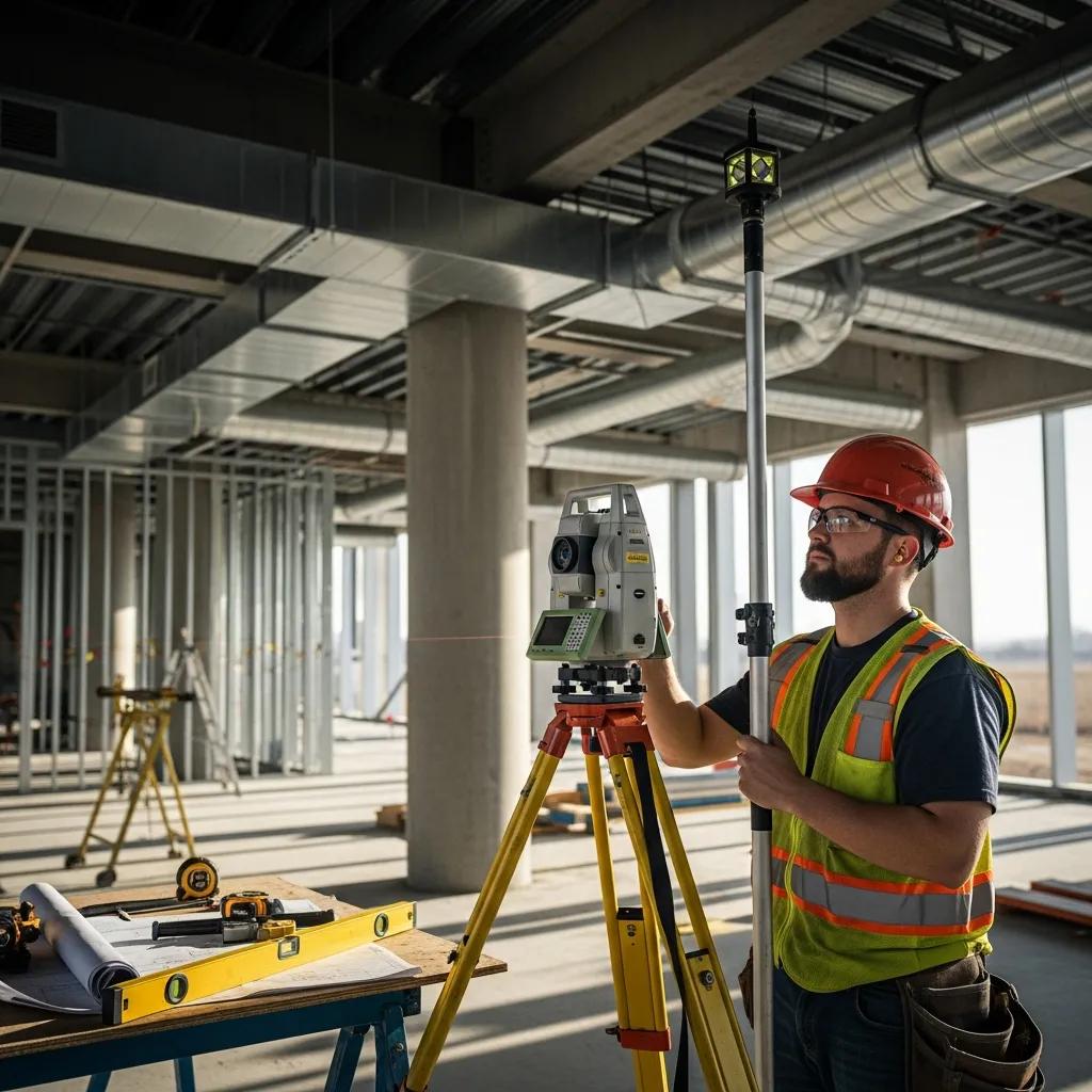 Survey technician using a robotic total station to set precise HVAC coordinates on site