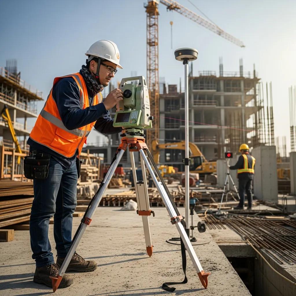 Technician using a Robotic Total Station to set precise layout points on a jobsite