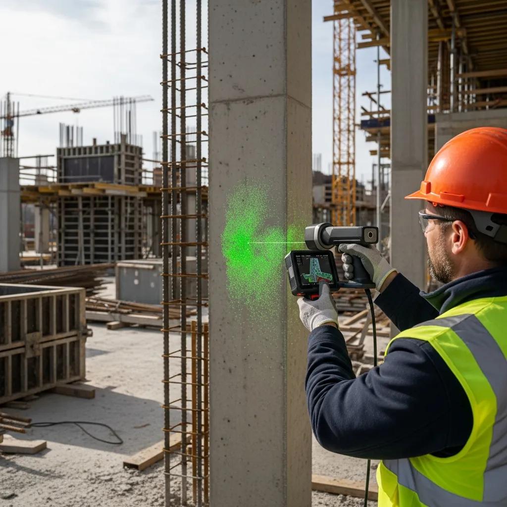Site technician using a 3D scanner to capture as‑built conditions for material verification