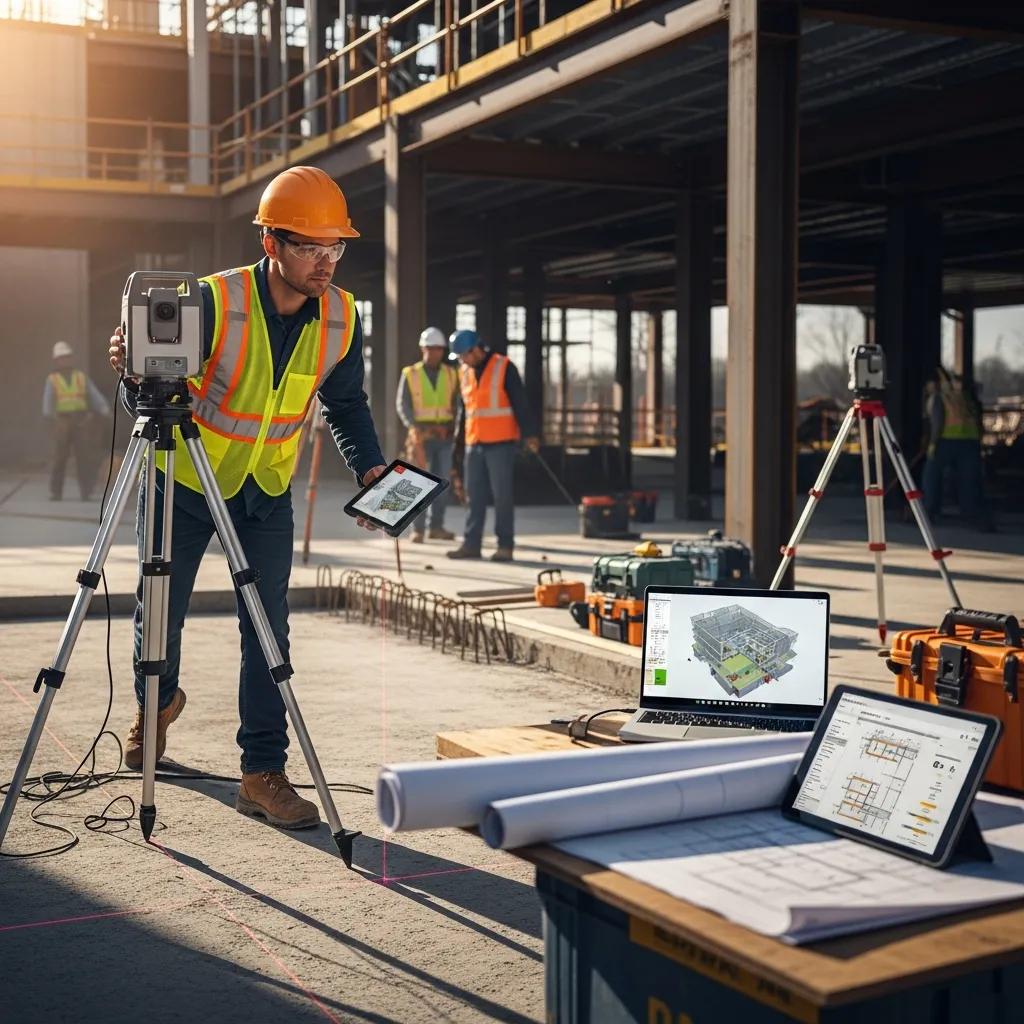 Technician using robotic layout equipment on a construction site