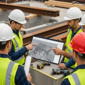 Construction workers collaborating on a digital fabrication-ready BIM model on a tablet at a construction site