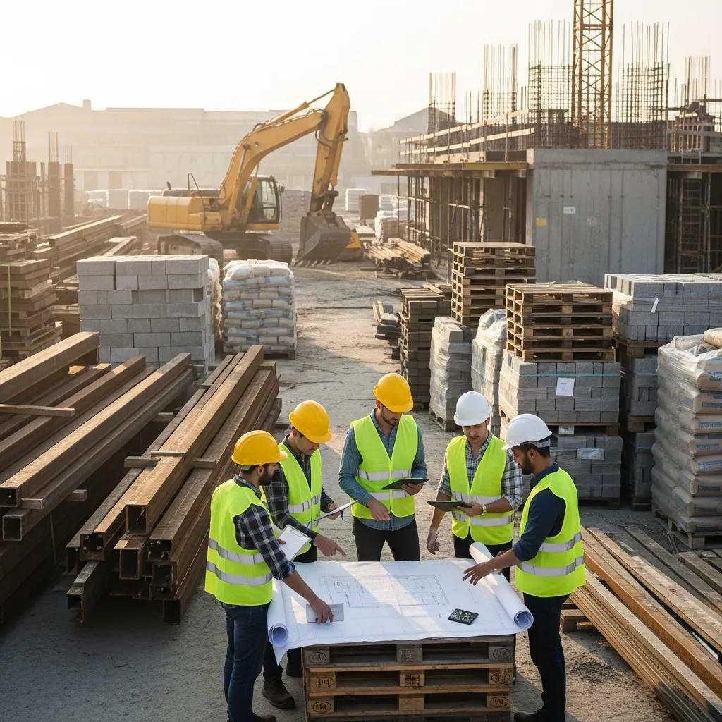 Construction workers collaborating on strategic material sourcing at a construction site