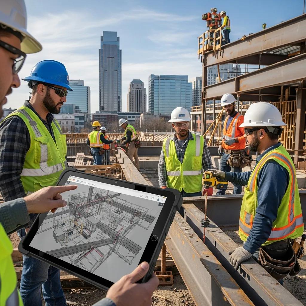 Construction workers in Raleigh using BIM technology for layout planning
