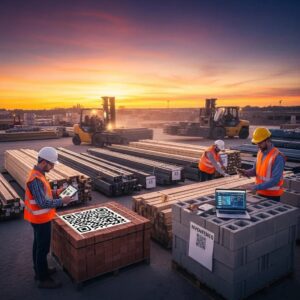 Construction workers managing inventory of materials on-site, showcasing organized stacks and digital tracking