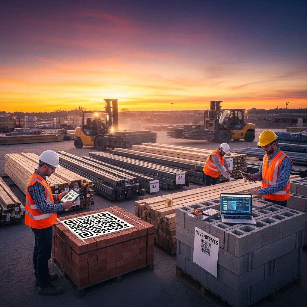 Construction workers managing inventory of materials on-site, showcasing organized stacks and digital tracking