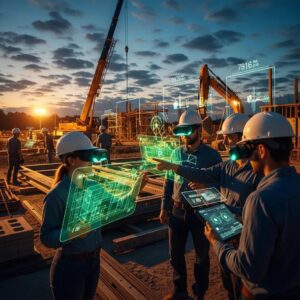 Construction workers using augmented reality technology on-site to enhance precision and efficiency