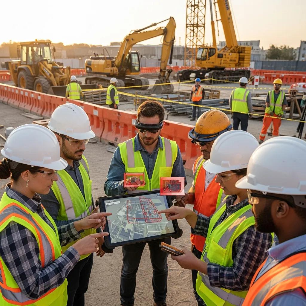 Construction workers using digital tools for proactive hazard identification on-site