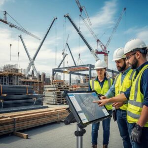 Construction workers using digital tools on-site to enhance supply chain resilience