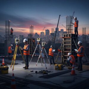 Construction workers using robotic total stations for accurate structural layout on a building site