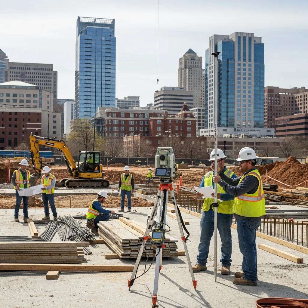Construction workers using Robotic Total Stations for precision layout in Columbia, SC