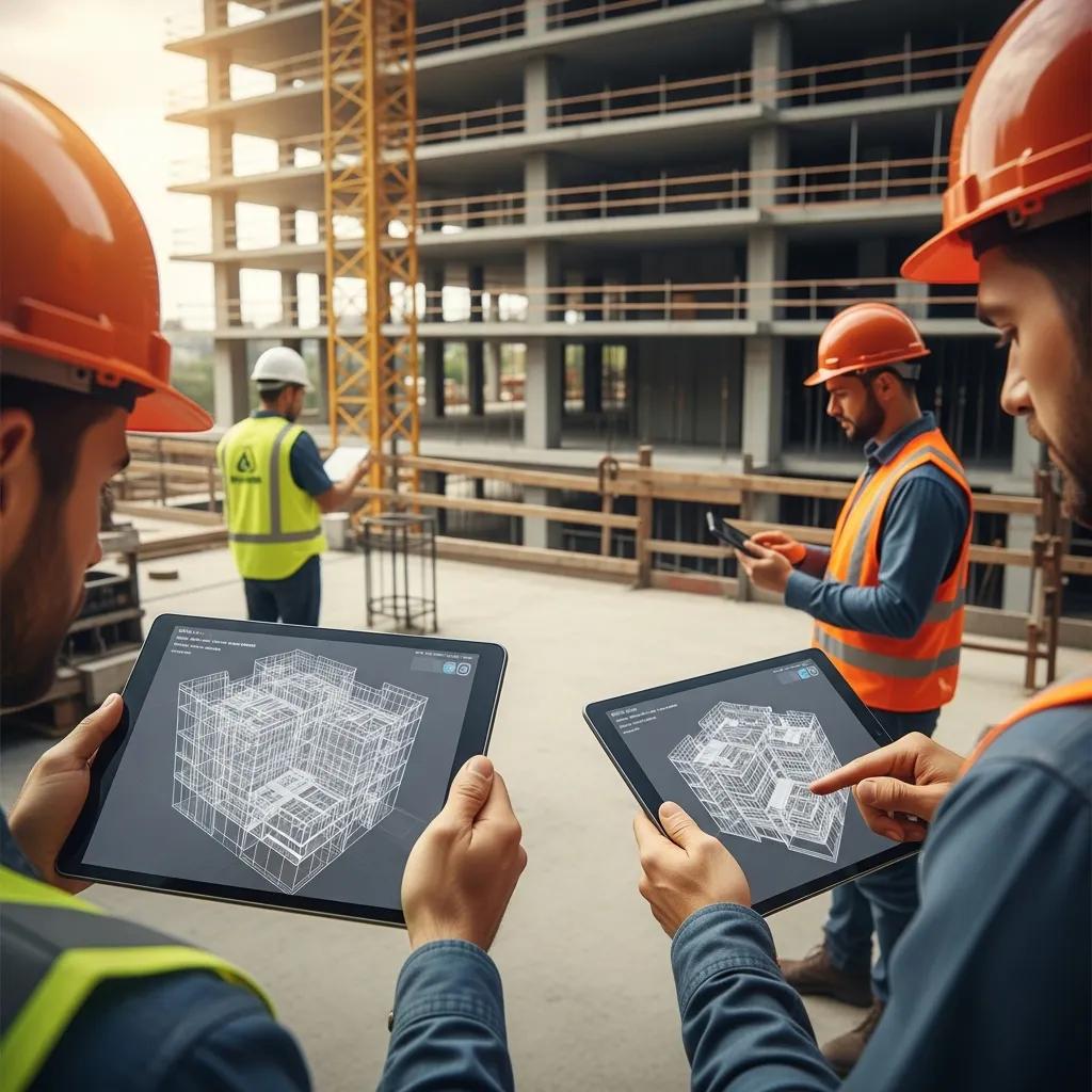 Construction workers utilizing BIM technology on-site for layout planning