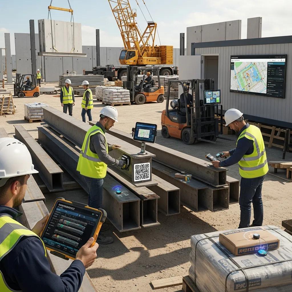 Construction workers utilizing digital tools for supply chain visibility in a construction site