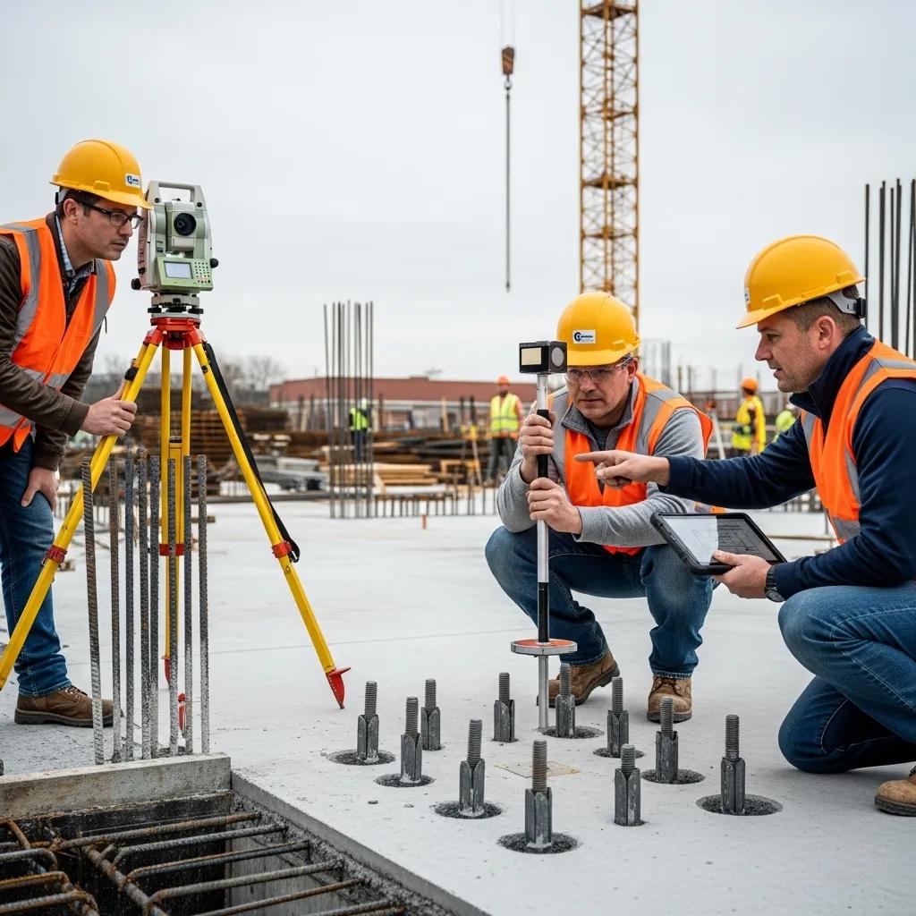 Construction workers verifying anchor bolts with surveying instruments at a construction site