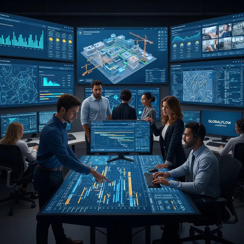 Digital logistics control center monitoring material flow and coordination on a jobsite