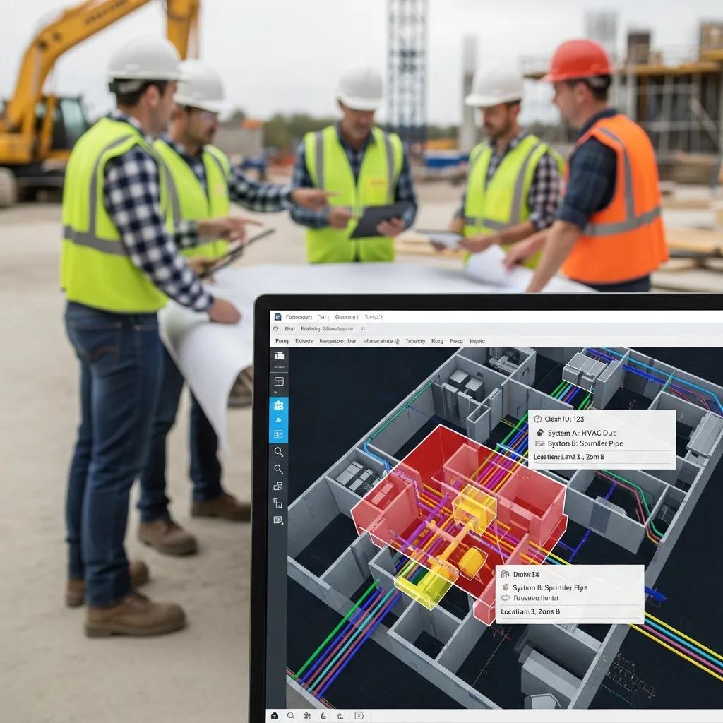 Federated MEP model with highlighted clash locations and trade overlays