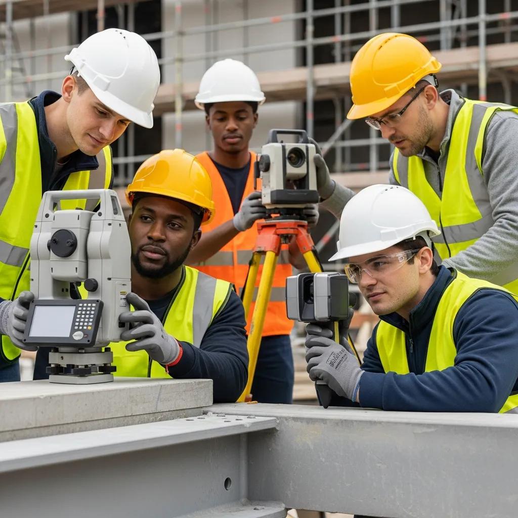 Diverse apprentices engaged in hands-on construction training with advanced technology